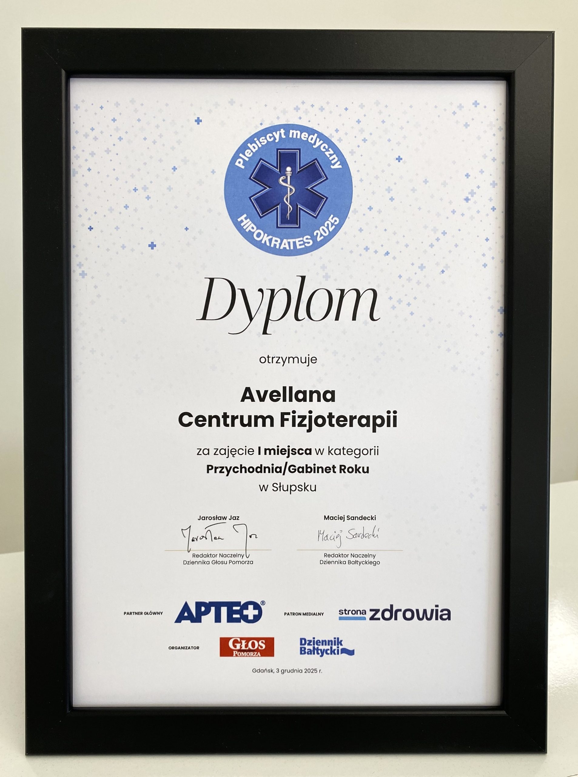 Dyplom Hipokrates 2025 I Miejsce Avellana Centrum Fizjoterapii Słupsk